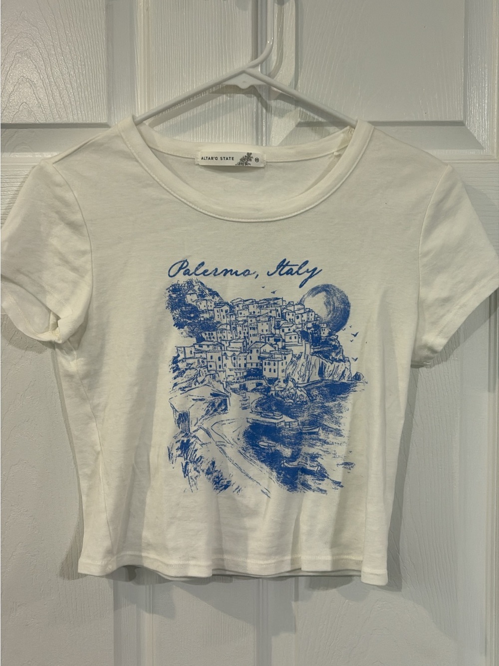 Altar'd State White Crop Top with Blue Palermo Italy Graphic